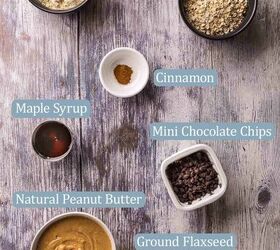 protein balls recipe 3 delicious flavor variations, Overhead shot of the ingredients needed to make Peanut Butter Protein Balls Ingredients are vanilla protein powder quick oats cinnamon maple syrup mini chocolate chips natural peanut butter and ground flaxseed