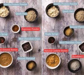 protein balls recipe 3 delicious flavor variations, two side by side overhead photos of ingredients used to make protein balls On the left are the ingredients for Almond espresso protein balls and on the right for cashew coconut protein balls Both recipes call for vanilla protein powder quick oats flaxseed maple syrup and chocolate chips The almond espresso calls for almond butter and espresso powder The cashew coconut protein balls call for cashew butter and desiccated coconut