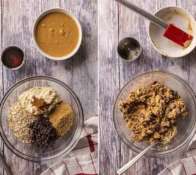 protein balls recipe 3 delicious flavor variations, two overhead pictures looking into the same glass mixing bowl side by side On the left the mixing bowl is filled with oats protein powder chocolate chips cinnamon and flaxseed all added so each is visible On the right is the same mixing bowl after the ingredients have been mixed together with maple syrup and peanut butter It is a homogenous brown dough that s not too wet or dry