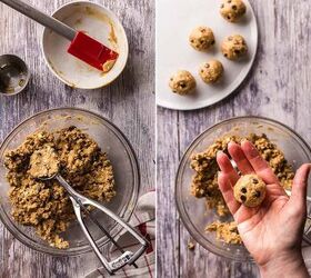 protein balls recipe 3 delicious flavor variations, Two pictures side by side both overhead On the left is the glass mixing bowl with the peanut butter protein dough with a cookie scoop in it On the right a hand is lifting a round ball of the peanut butter protein dough towards the camera