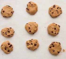 chewy chocolate chip protein cookies gluten free refined sugar free, Scooping chocolate chip protein cookie dough onto lined baking sheet and flattening