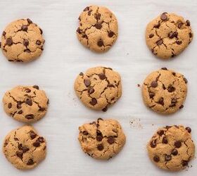 chewy chocolate chip protein cookies gluten free refined sugar free, Freshly baked chewy chocolate chip protein cookies cooling on baking sheet