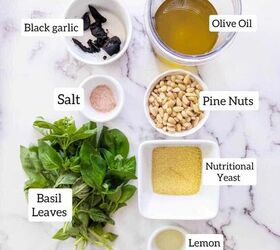 black garlic vegan pesto, A picture of all the ingrients with a written label