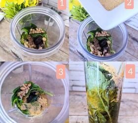 black garlic vegan pesto, Four process image collage 1 Ingredients sequentially added to blender 2 Continued addition of ingredients 3 Final ingredients being poured 4 All ingredients blended together in the blender