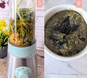 black garlic vegan pesto, An image of two pictures in the first the ingredients are in a blender in the second the blended pesto is in a small serving bowl