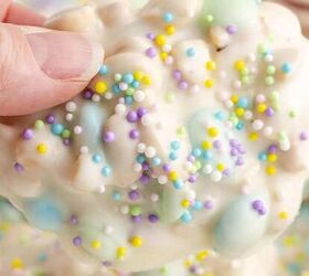 lamb stew crock pot, Crockpot Easter Candy Clusters with sprinkles being picked up