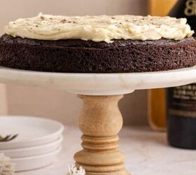 strawberry rhubarb bars, Baileys Irish Cream Cake on a cake stand with Baileys in the background
