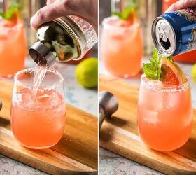 paloma cocktail recipe, Two side by side photos showing the salted cocktail glass having the paloma cocktail poured in over ice from a shaker The second photo shows the cocktail being topped up with club soda
