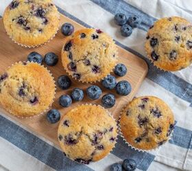 cottage cheese muffins cottage cheese blueberry muffin recipe, Overhead image of cottage cheese muffins with blueberries ona cutting board