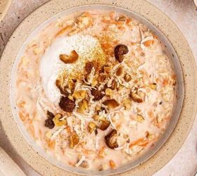 easy carrot cake muffins with cheesecake filling no frosting needed, Carrot cake overnight oats in a bowl with chopped dates and walnuts on top