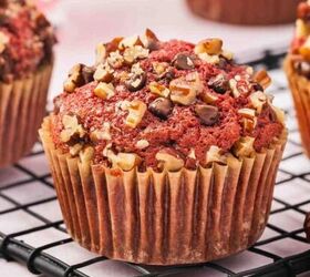 easy carrot cake muffins with cheesecake filling no frosting needed, Delicious red velvet muffins with chocolate chips cooling on a wire rack