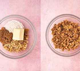 easy carrot cake muffins with cheesecake filling no frosting needed, Mixing walnuts brown sugar flour and cinnamon to make crumbly walnut streusel with cold butter