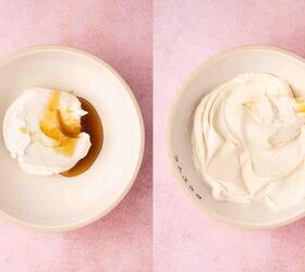 easy carrot cake muffins with cheesecake filling no frosting needed, Cream cheese and maple syrup mixed together in a small bowl until smooth and creamy