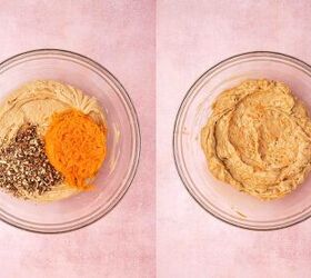 easy carrot cake muffins with cheesecake filling no frosting needed, Folding in grated carrots and chopped pecans into muffin batter gently