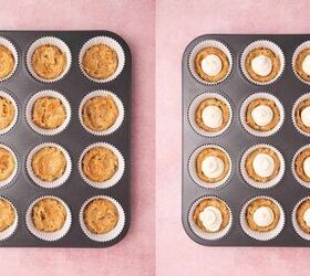 easy carrot cake muffins with cheesecake filling no frosting needed, Muffin pan lined with paper liners batter spooned in and cream cheese filling added in the center