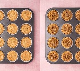 easy carrot cake muffins with cheesecake filling no frosting needed, Covering muffins with remaining batter topping with walnut streusel and baked golden with domed tops