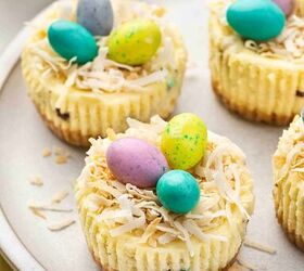 12 easy easter desserts sweet treats for kids and family, Mini Easter cheesecakes served on a platter with candy coated chocolate eggs