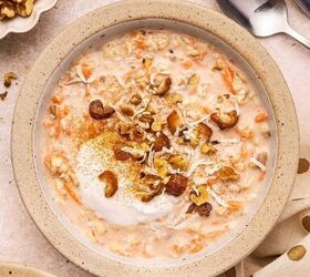 12 easy easter desserts sweet treats for kids and family, Overhead view of carrot cake overnight oats in a bowl topped with chopped dates and walnuts