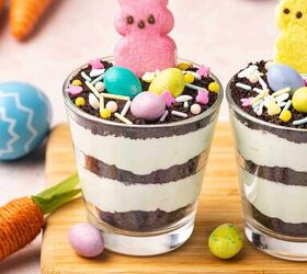 12 easy easter desserts sweet treats for kids and family, Festive Easter dessert of pistachio pudding dirt cups with sprinkles and chocolate eggs