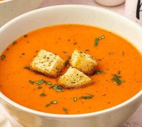 the best mexican fruit salad with tajin seasoning, Creamy roasted red pepper Gouda soup served in a bowl