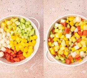 the best mexican fruit salad with tajin seasoning, Watermelon pineapple mango cucumber and jicama cubes in a large mixing bowl before adding dressing