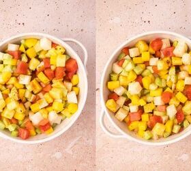 the best mexican fruit salad with tajin seasoning, Fruit salad being tossed with chili lime dressing until evenly coated