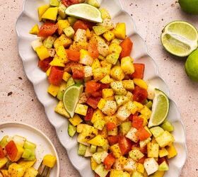 the best mexican fruit salad with tajin seasoning, Colorful Mexican fruit salad platter with watermelon mango pineapple cucumber and jicama topped with Taj n
