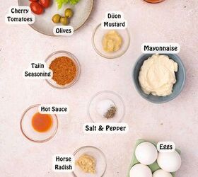 the best bloody mary deviled eggs recipe easy brunch appetizer, Eggs mayonnaise Dijon mustard horseradish tomato juice Worcestershire sauce hot sauce Taj n salt and pepper arranged for making Bloody Mary deviled eggs