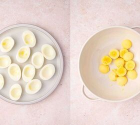 the best bloody mary deviled eggs recipe easy brunch appetizer, Hands peeling hard boiled eggs and slicing them in half lengthwise to remove the yolks for deviled eggs