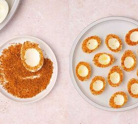 the best bloody mary deviled eggs recipe easy brunch appetizer, Egg white halves coated on the inside with Taj n seasoning before being filled for Bloody Mary deviled eggs