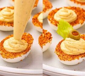 the best bloody mary deviled eggs recipe easy brunch appetizer, Taj n coated deviled egg whites filled with creamy yolk mixture and garnished with celery pickles cherry tomatoes and olives