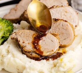 instant pot pork tenderloin, Instant Pot Pork Tenderloin with sauce being poured on up close