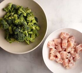 sweet spicy sesame chicken, Broccoli cut into florets and cubed chicken tossed with corn starch