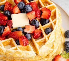 chicken broccoli and rice casserole, Gluten Free Buttermilk Waffles Stacked on a Plate with Berries