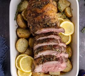chicken broccoli and rice casserole, Roast Leg of Lamb slices in the casserole dish on a bed of potatoes from above