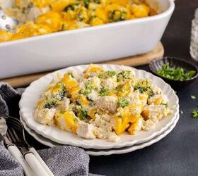chicken broccoli and rice casserole, Chicken Broccoli Casserole with Rice on a plate with a baking dish in the back
