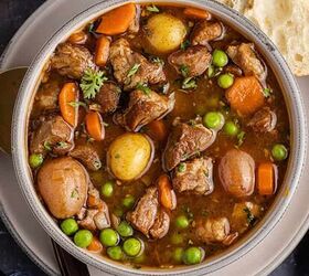 chicken broccoli and rice casserole, Crock Pot Lamb Stew in a bowl from above with a slow cooker and bread beside
