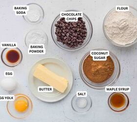 coconut sugar chocolate chip cookies with brown butter, Ingredients to make Coconut Sugar Chocolate Chip Cookies in clear glass bowls on white surface