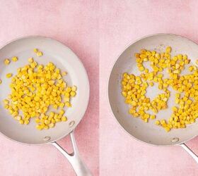 easy mexican caesar salad recipe with creamy lime dressing, Corn kernels being lightly charred in a skillet over medium heat for added flavor in the salad