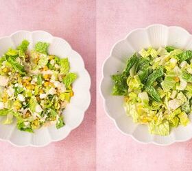 easy mexican caesar salad recipe with creamy lime dressing, Romaine lettuce being tossed with dressing charred corn and Cotija cheese then topped with tortilla strips for a Mexican Caesar salad