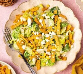 easy mexican caesar salad recipe with creamy lime dressing, A plated Mexican Caesar salad featuring romaine lettuce tortilla strips Cotija cheese and creamy dressing