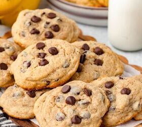 banana chocolate chip cookies, 1 Soft chocolate chip cookies with golden edges on a wooden serving tray