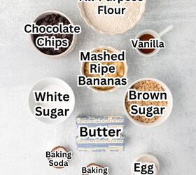 banana chocolate chip cookies, All purpose flour for baking and cooking surrounded by ingredients for a delicious recipe