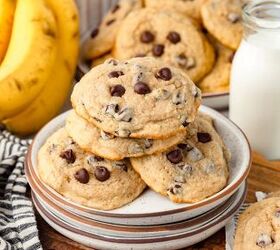 banana chocolate chip cookies, Buttery chocolate chip cookies with bananas and milk in the background fresh baked goods ready to enjoy