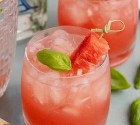 non alcoholic frozen paloma, Watermelon Basil Margarita close up from above with watermelon and basil garnish