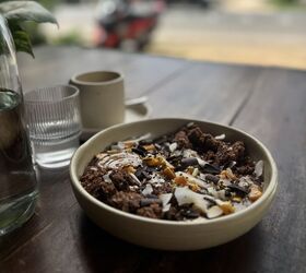 Chocolate Smoothie Bowl With Chocolate Granola, Coconut Flakes, Mango