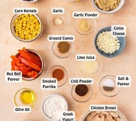 quick air fryer chicken fajita bowl 30 minute weeknight meal, Ingredients for chicken fajita bowl arranged on a flat lay including raw chicken strips sliced bell peppers onion corn black beans avocado Greek yogurt lime garlic spices rice cilantro cotija cheese and olive oil