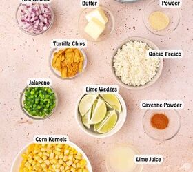 easy mexican street corn cups recipe elote en vaso esquites, Ingredients for Mexican street corn cups including corn kernels butter mayonnaise Mexican crema queso fresco red onion jalape o cilantro lime and spices arranged on a surface