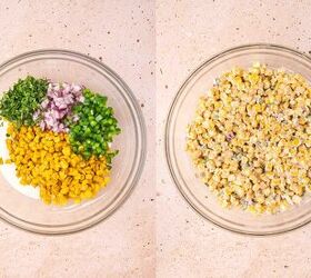 easy mexican street corn cups recipe elote en vaso esquites, A bowl of Mexican street corn salad mixed with corn red onion jalape o cilantro and creamy sauce served in cups and topped with chili powder crushed tortilla chips queso fresco and lime wedges