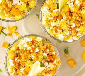 easy mexican street corn cups recipe elote en vaso esquites, Mexican esquites in cups showing charred corn kernels mixed with creamy sauce and spices